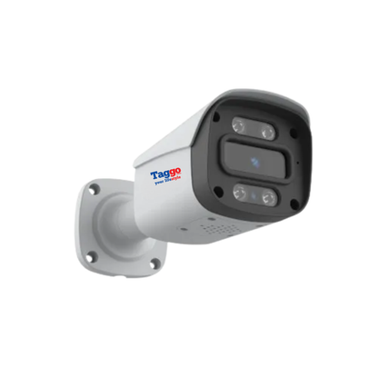 Camera supraveghere Bullet IP 5MP PoE cu vedere nocturnă și microfon, design modern și rezistent pentru securitate.