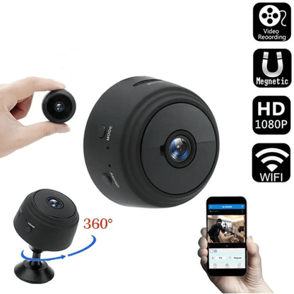 Mini cameră WiFi pentru interior cu acumulator, rezoluție 4K și unghi de vizualizare 150°, control prin aplicație telefon.