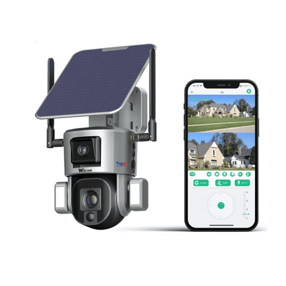 Camera de supraveghere wireless exterior WISTINO 4K Ultra HD, duală, zoom 10x, rezistentă la apă IP66, control din aplicație, solară