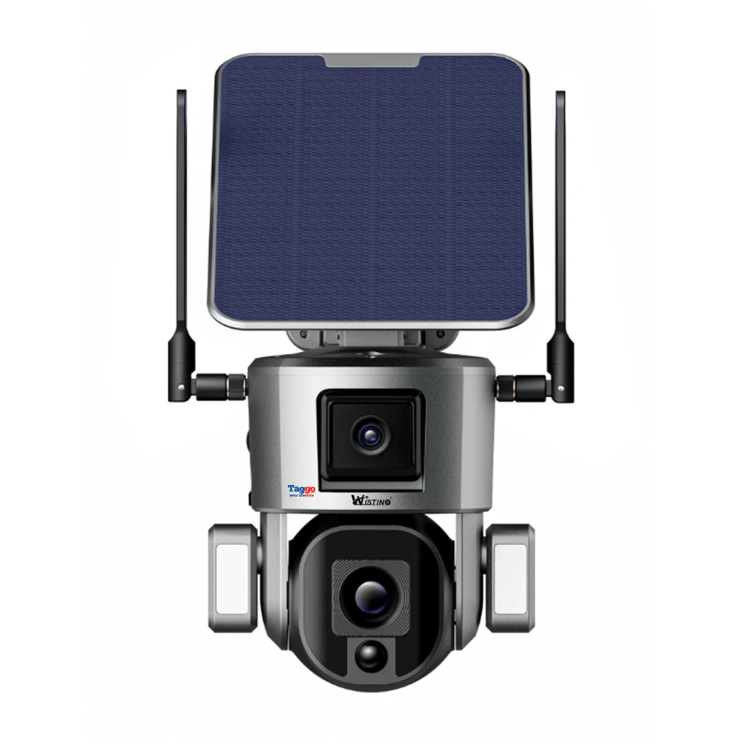Camera de supraveghere wireless exterior WISTINO 4K Ultra HD, duală, zoom optic 10X și rezistență IP66, control din aplicație.