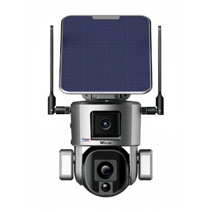 Camera de supraveghere wireless exterior WISTINO 4K Ultra HD, duală, zoom optic 10X și rezistență IP66, control din aplicație.