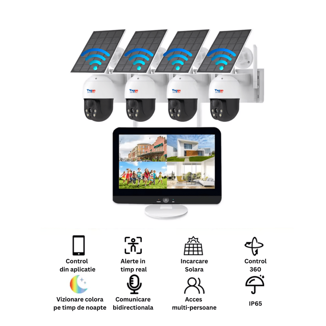 Sistem supraveghere exterior cu 4 camere wireless HD 4MP, monitor LCD, IR 30m, cu încărcare solară, marca Taggo.ro