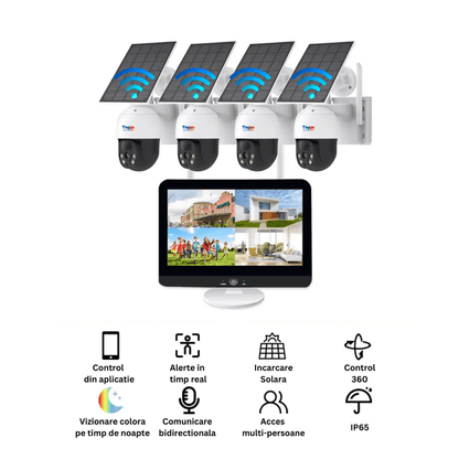 Sistem supraveghere exterior cu 4 camere wireless HD 4MP, monitor LCD, IR 30m, cu încărcare solară, marca Taggo.ro