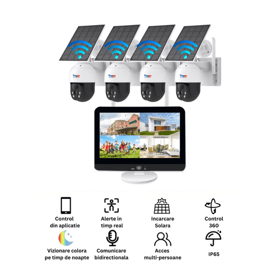 Sistem supraveghere exterior cu 4 camere wireless HD 4MP, monitor LCD, IR 30m, cu încărcare solară, marca Taggo.ro