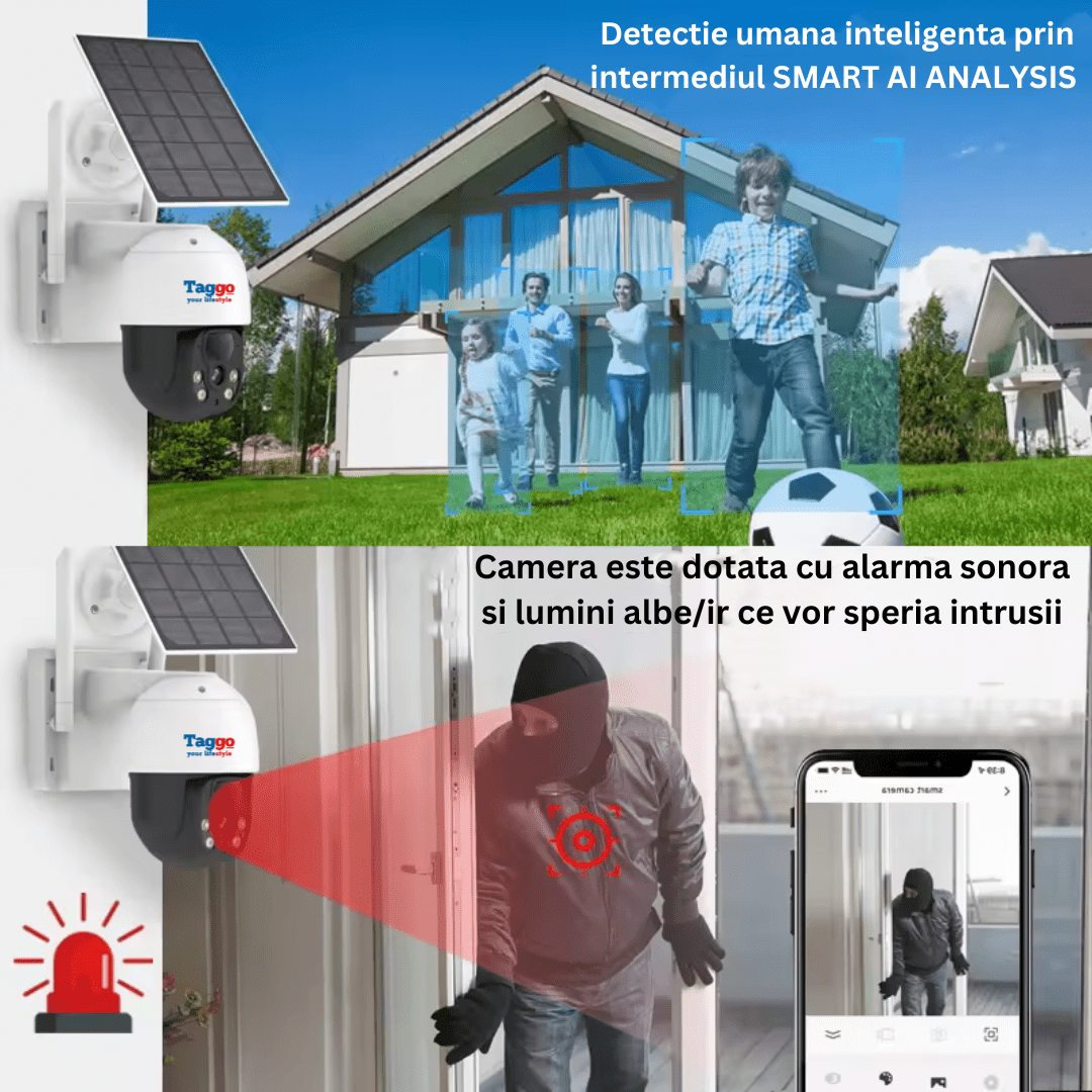 Sistem supraveghere wireless cu 4 camere exterioare, 4MP, monitor LCD, IR 30m și analiză inteligentă a mișcării.