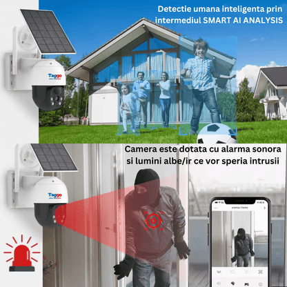 Sistem supraveghere wireless cu 4 camere exterioare, 4MP, monitor LCD, IR 30m și analiză inteligentă a mișcării.