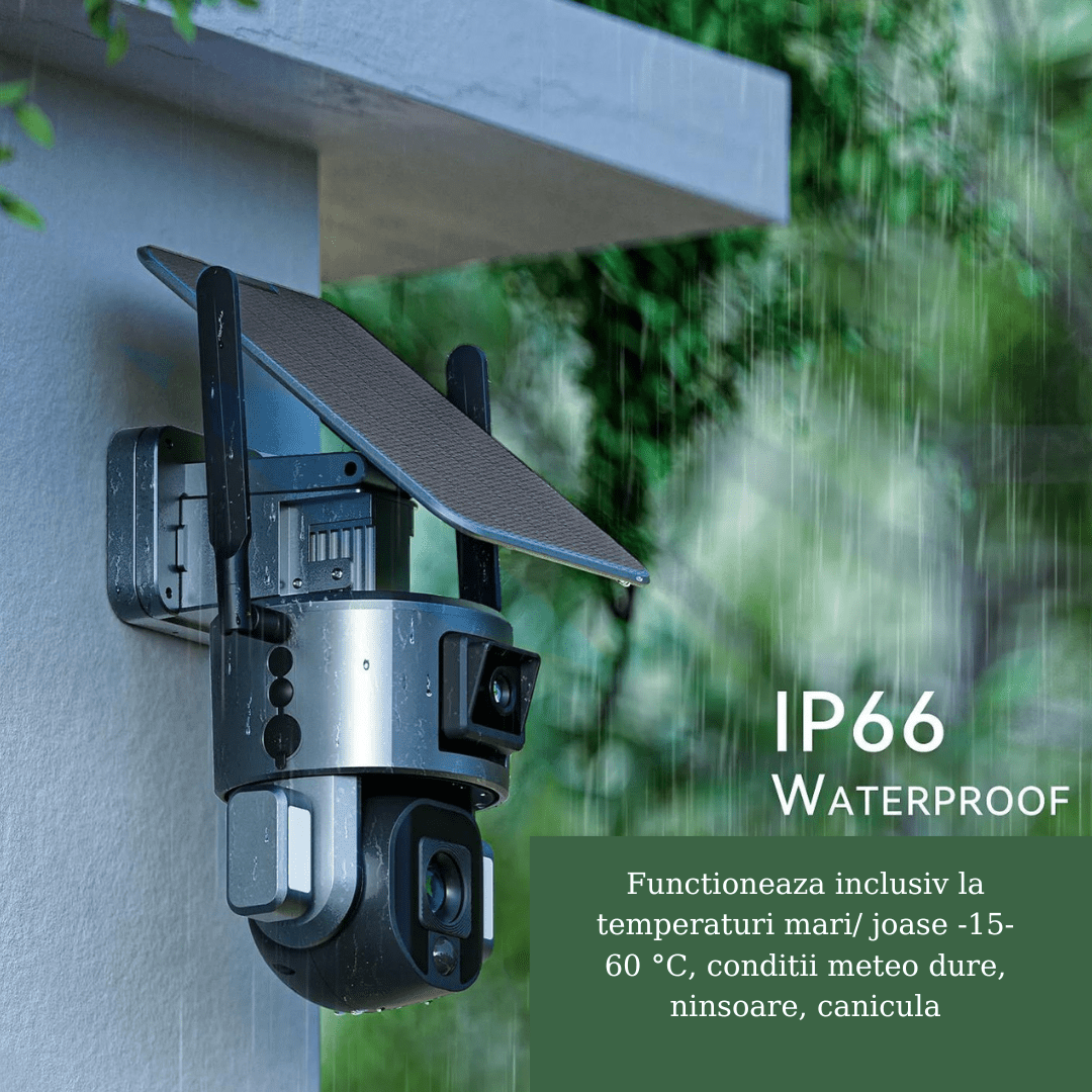Camera wireless de supraveghere exterior WISTINO 4K Ultra HD, duală, zoom optic 10X, rezistentă la apă IP66, funcționează la -15°C până la 60°C