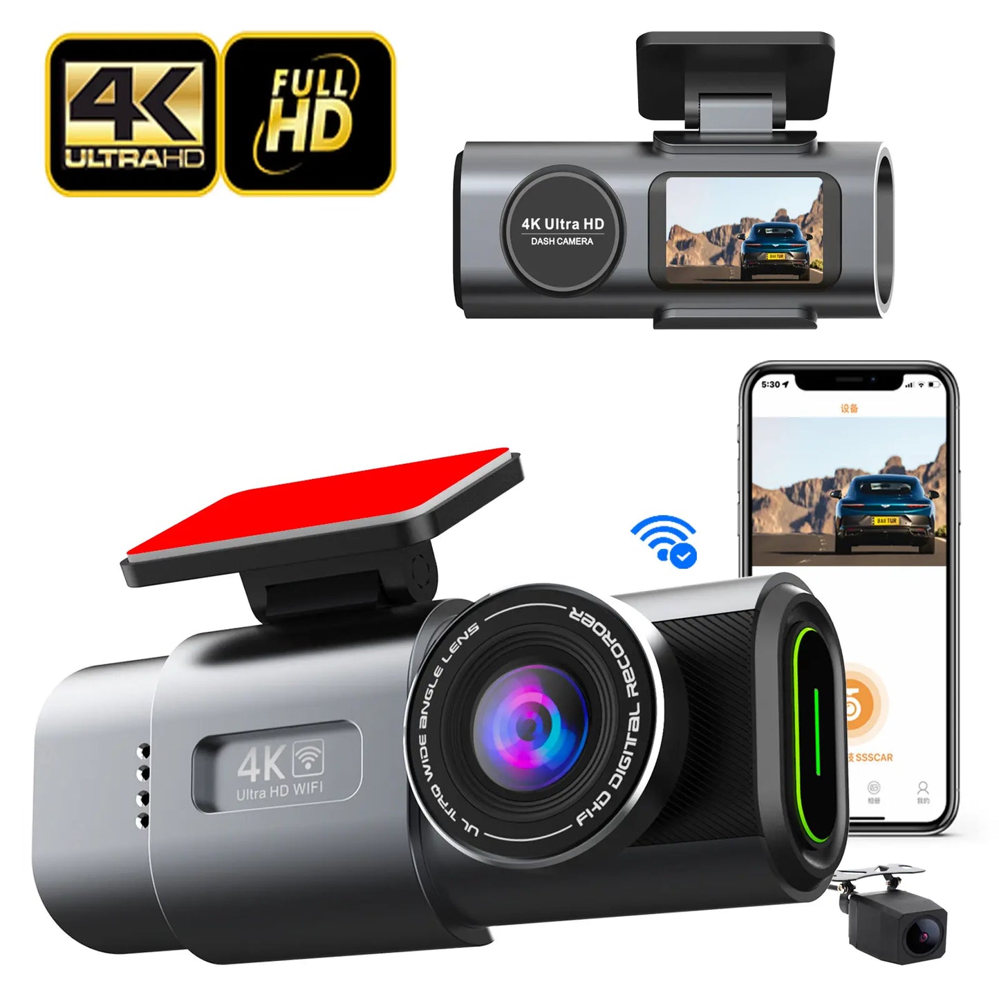 Camera auto 4K ecran LCD + camera spate 1080P DVR WIFI , Vizionare nocturna, Monitorizare parcare 24h,