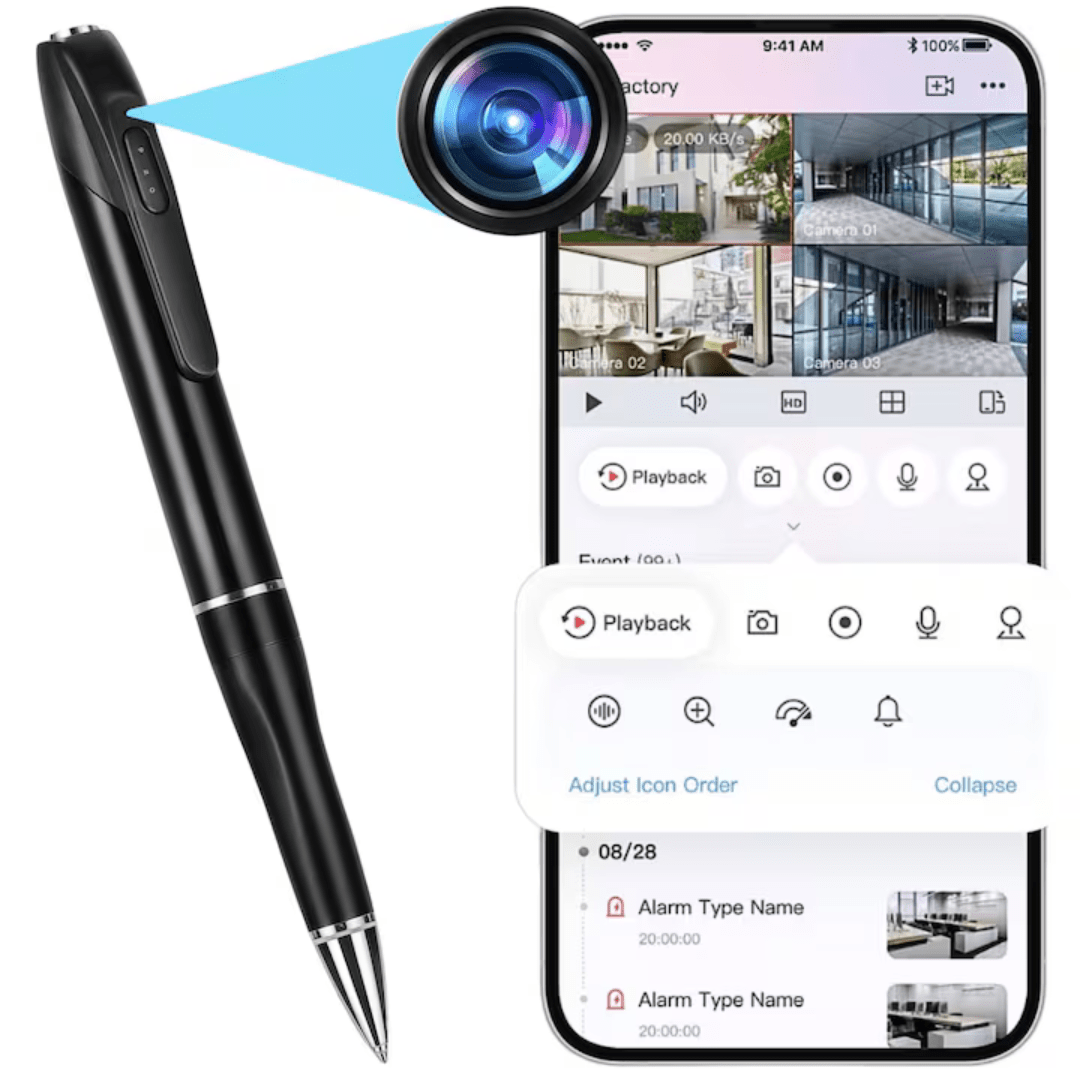Stilou cu mini cameră spion Wi-Fi 1080p, design discret și elegant, produs de Taggo, pentru supraveghere discretă și înaltă definiție