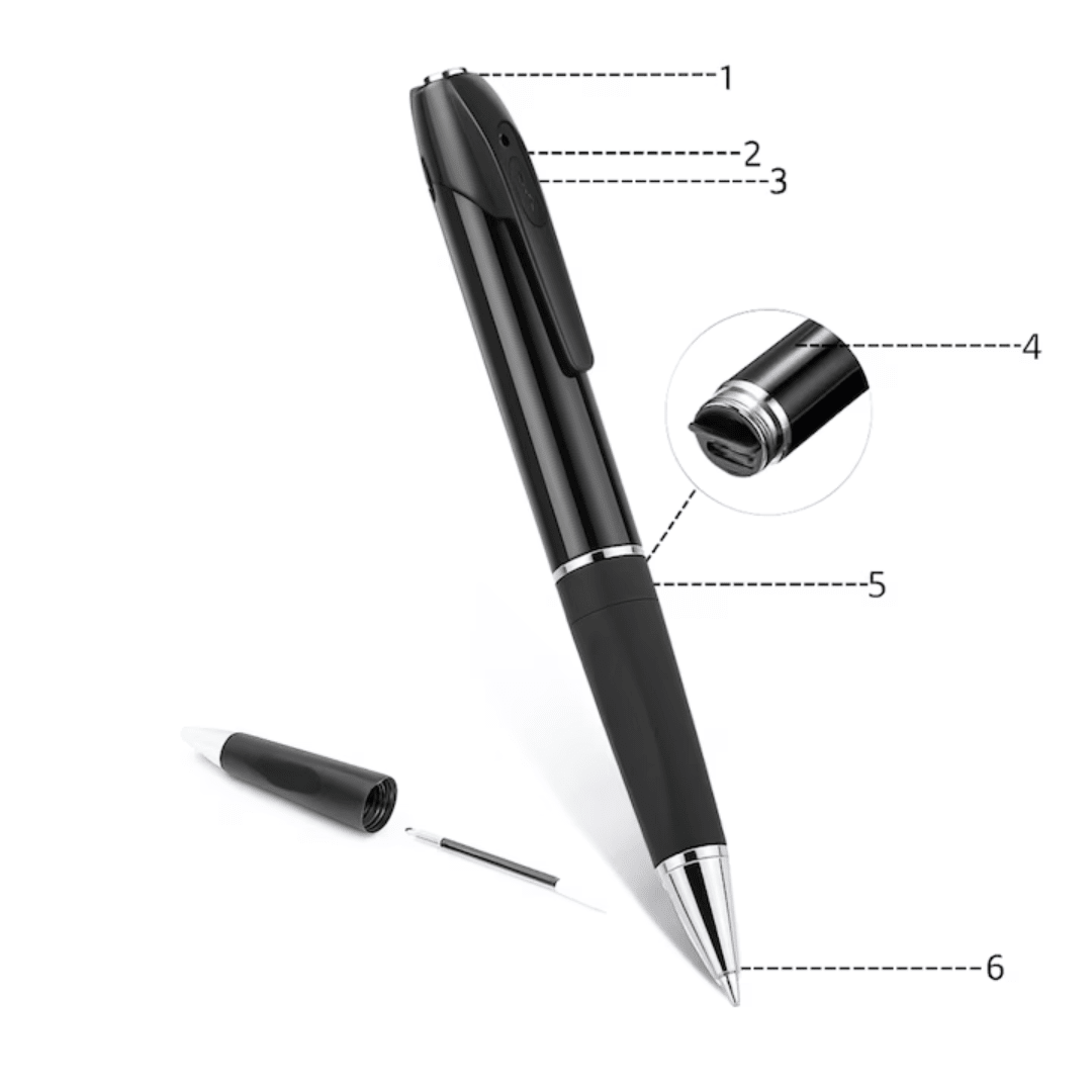 Stilou cu mini cameră spion Wi-Fi 1080p, design discret și elegant, brand Taggo, pentru securitate și monitorizare eficientă.