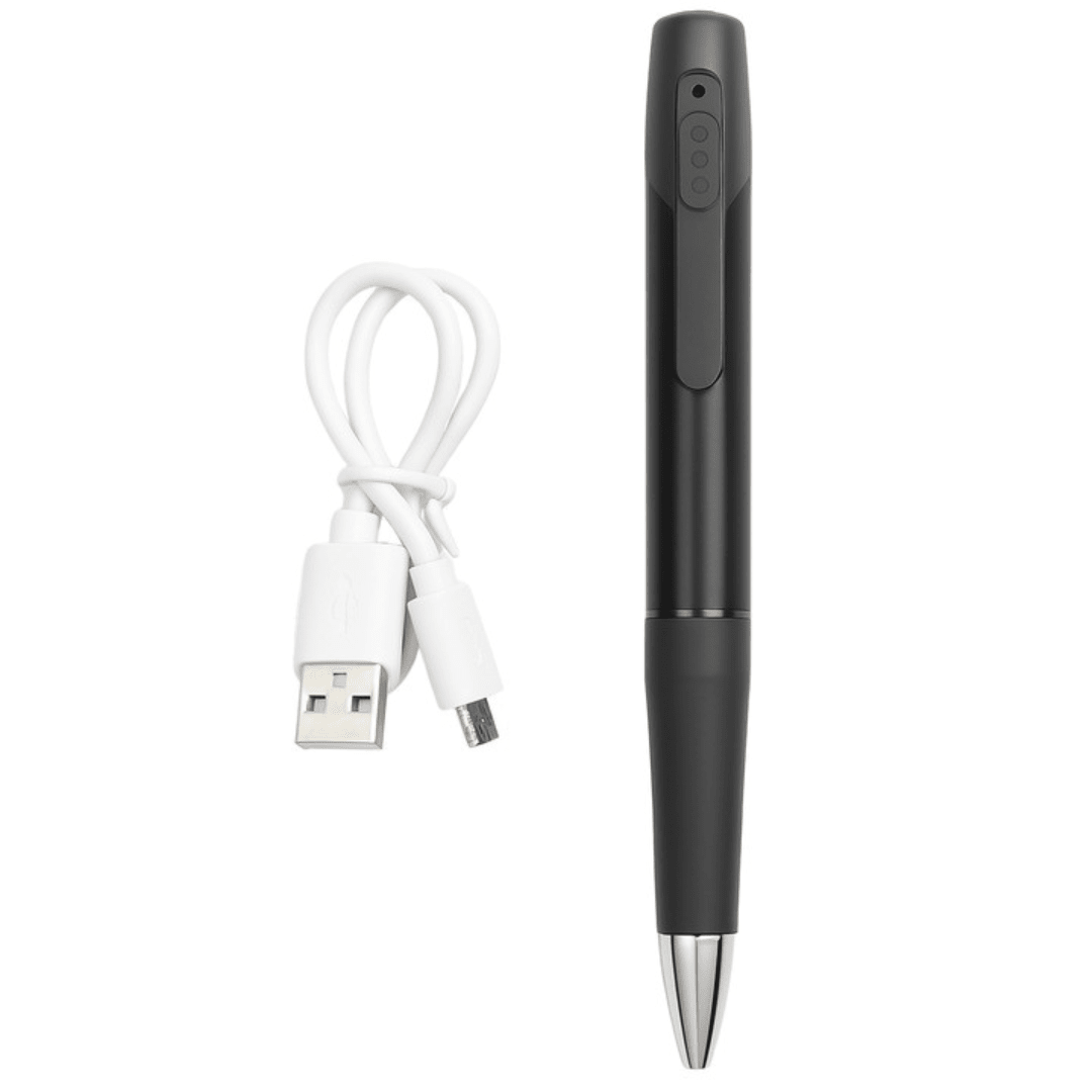 Stilou cu mini cameră spion Wi-Fi 1080p, design discret și elegant, produs de Taggo, cu un aspect modern și sofisticat.