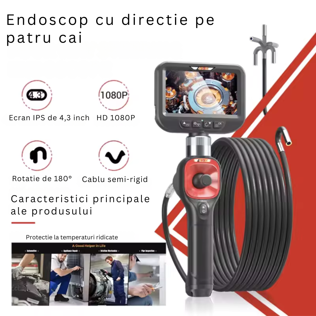 Camera endoscopica Ralcam F606B cu accesorii, cameră 62 mm, display 4.3 inch 1280x720 HD, unghi 360°, autonomie până la 6 ore, cablu 1 M, multicolor