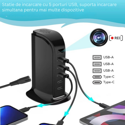 Camera spion in statie de incarcare, Wi-Fi, Full HD, senzor de miscare, 20W, 2x USB-C, 3x USB-A
