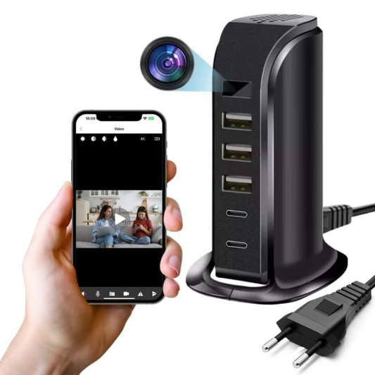 Camera spion in statie de incarcare, Wi-Fi, Full HD, senzor de miscare, 20W, 2x USB-C, 3x USB-A
