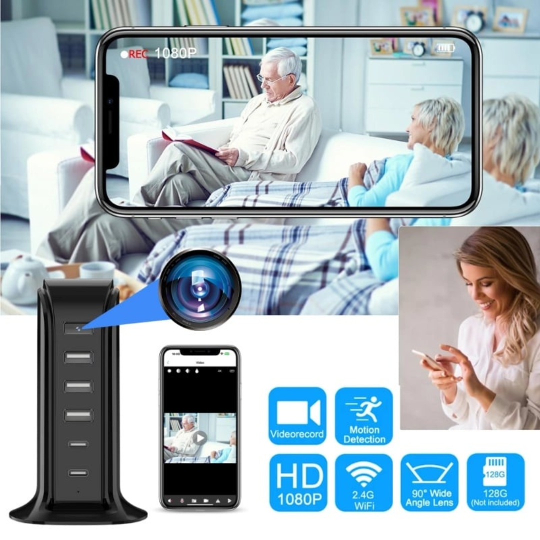 Camera spion in statie de incarcare, Wi-Fi, Full HD, senzor de miscare, 20W, 2x USB-C, 3x USB-A