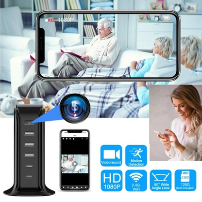 Camera spion in statie de incarcare, Wi-Fi, Full HD, senzor de miscare, 20W, 2x USB-C, 3x USB-A