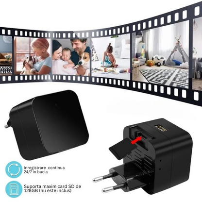 Incarcator USB cu Camera Spion, Wi-Fi, Full HD, Vedere Nocturna, Senzor de Miscare