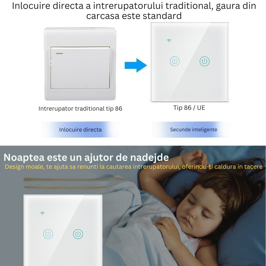 Intrerupator Smart Touch 2F, Wi-Fi, Sticla Securizata, LED