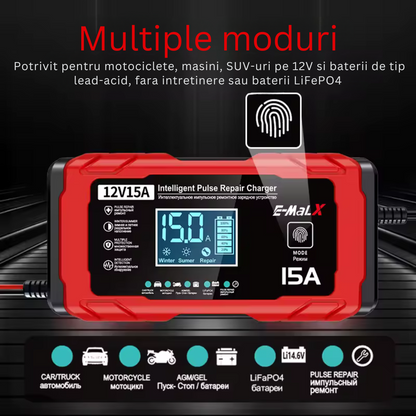 Redresor rapid auto 12V 15A cu functie de reparare – compatibil LiFePO4, AGM, GEL, Plumb-Acid