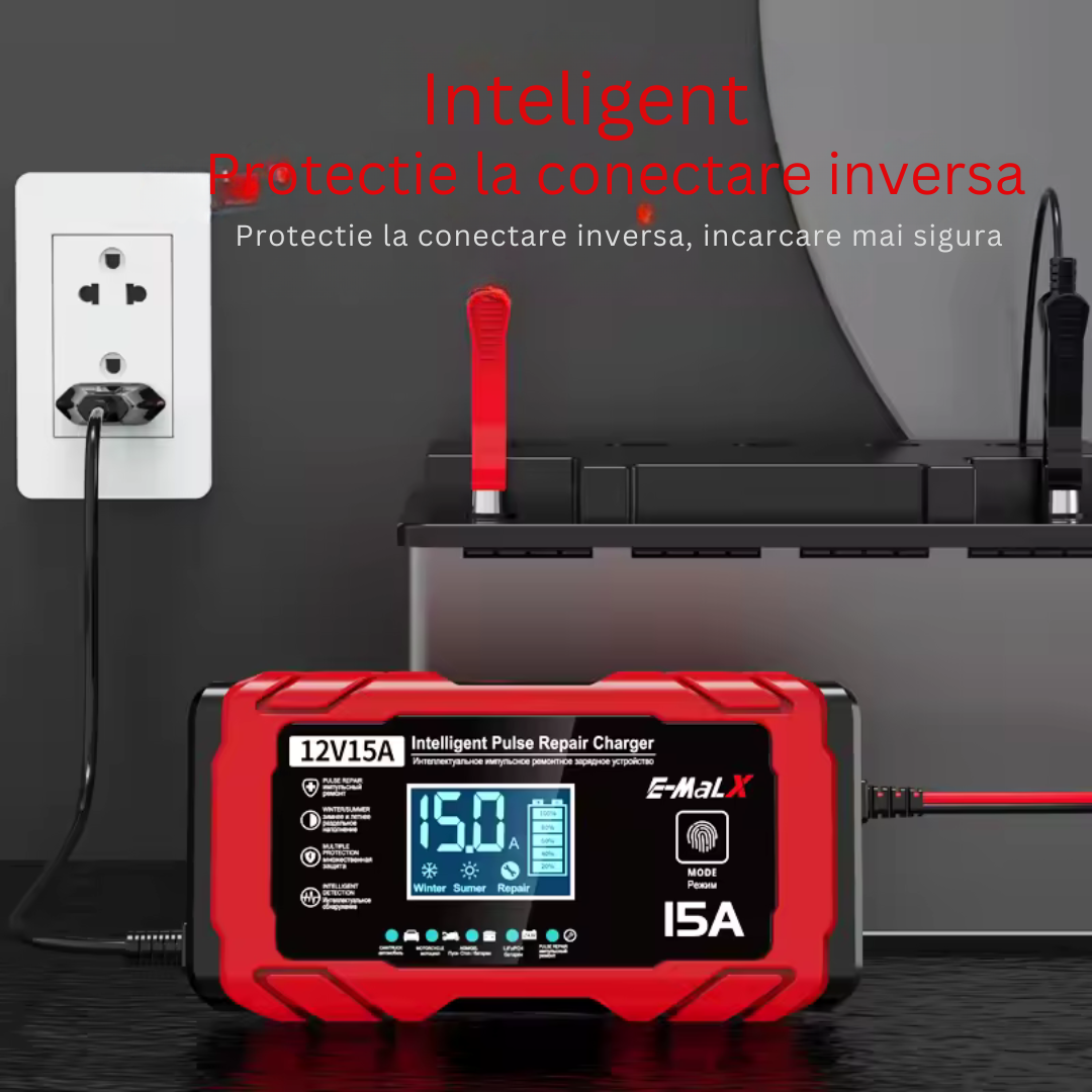 Redresor rapid auto 12V 15A cu functie de reparare – compatibil LiFePO4, AGM, GEL, Plumb-Acid
