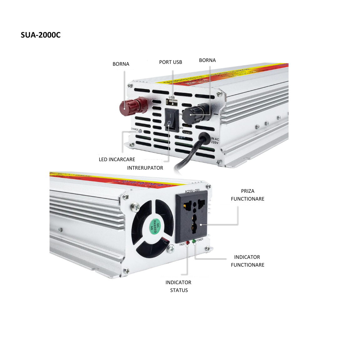 Invertor 2 in 1 cu incarcator baterii auto , 2000W 12V 220V, Port  USB, Functie UPS