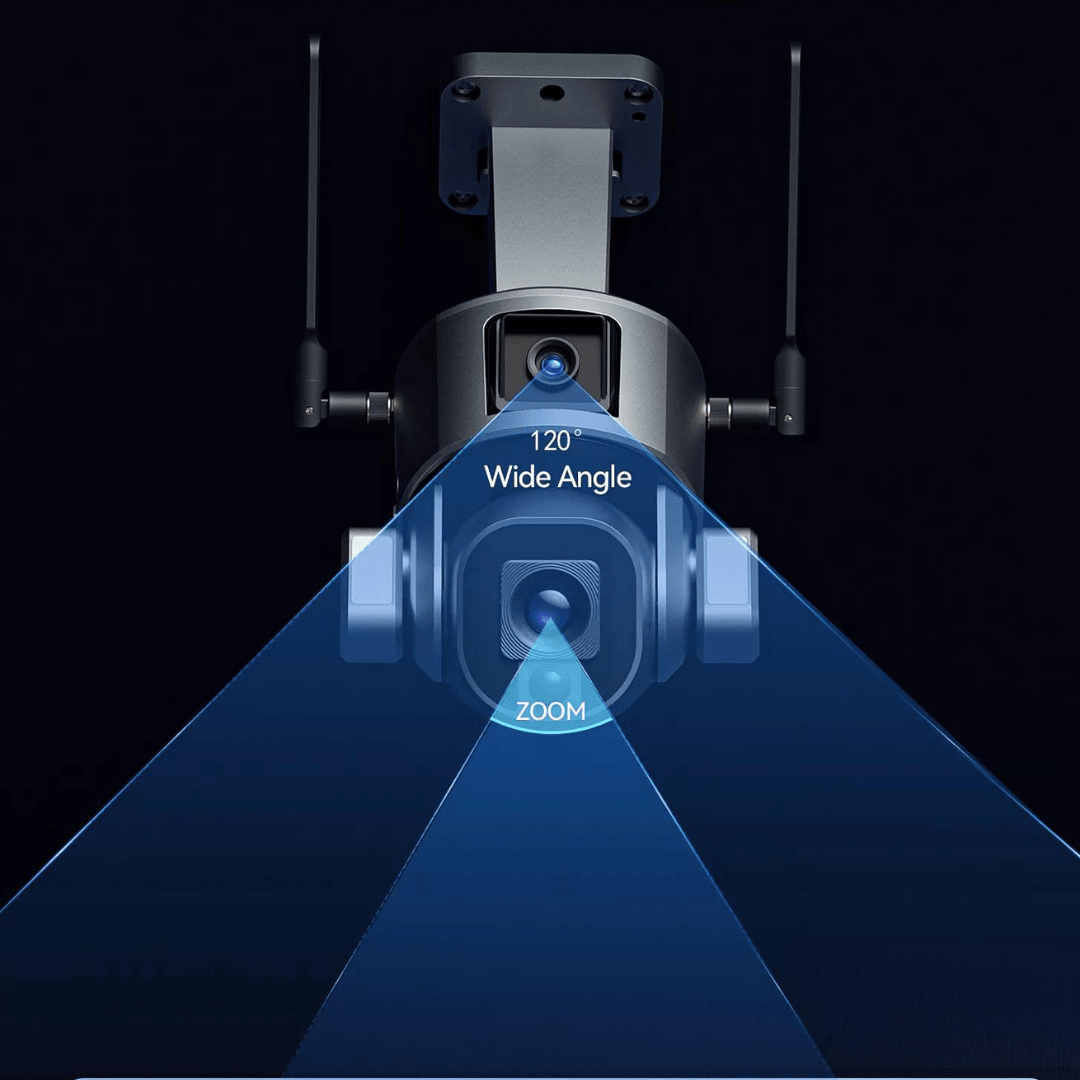 Camera de supraveghere wireless exterior WISTINO 4K Ultra HD, duală, zoom optic 10x, rezistentă la apă IP66, control din aplicație.
