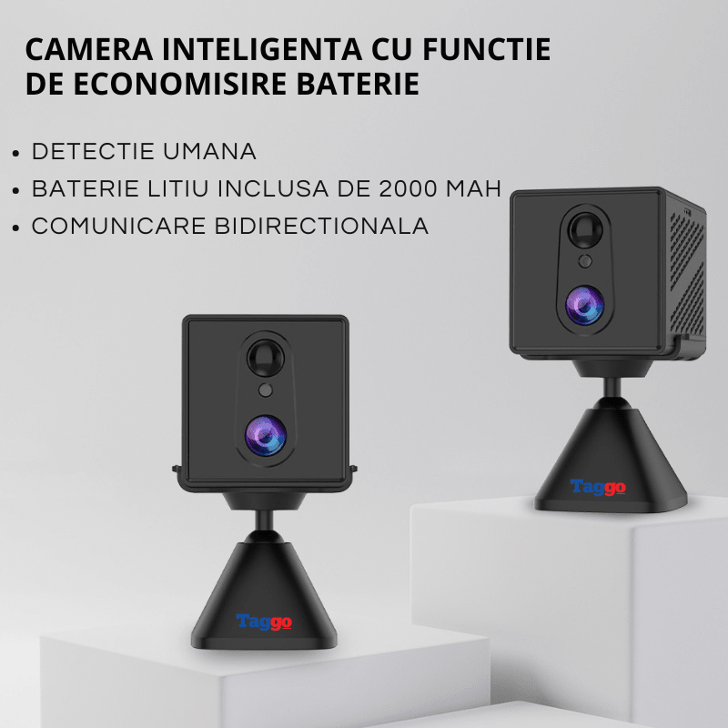 Mini cameră de supraveghere WiFi Taggo cu acumulator 2000mAh, detectie umană PIR și viziune nocturnă, imagine clară.
