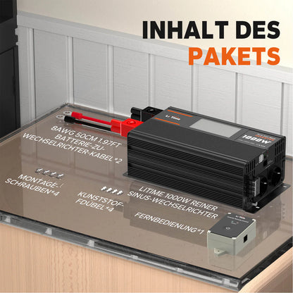 Invertor LiTime 1000W (2000W varf) Sinus Pur, 12V la 230V – Auto, Solar, Camping, protectie completa, telecomanda, 2 prize AC, 18A