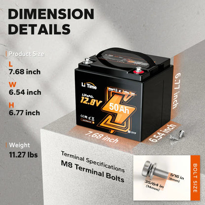 Baterie LiFePO4 12V 50Ah LiTime cu Bluetooth si BMS 50A, pentru Trolling Motor 20–70lb si barca (640Wh)