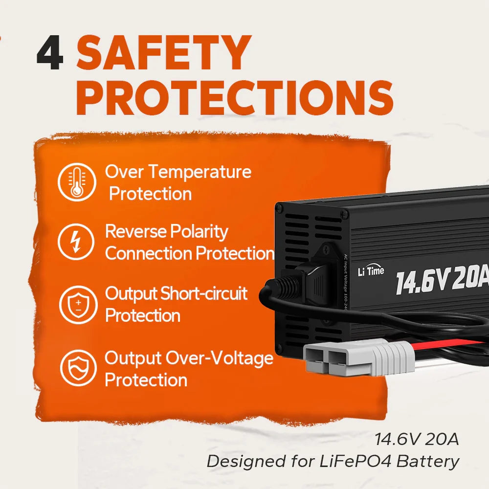 Incarcator Redresor LiTime 12V (14.6V) 20A pentru baterii LiFePO4  – incarcare rapida si sigura