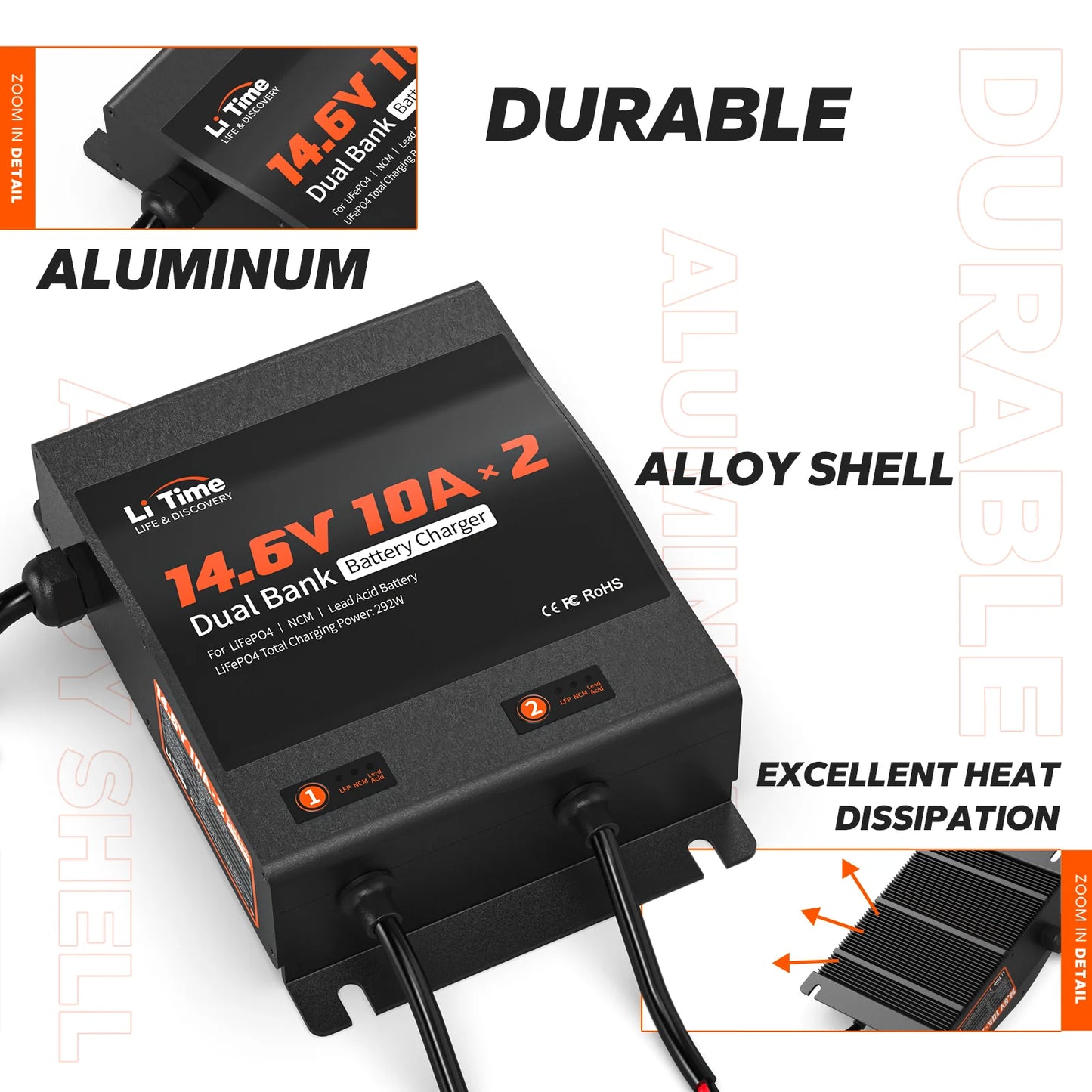 Incarcator Baterii LiTime 12V 10A Dual (2 Canale) pentru LiFePO4, AGM, GEL si Plumb-Acid