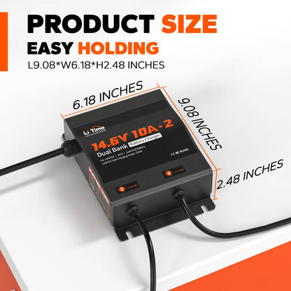 Incarcator Baterii LiTime 12V 10A Dual (2 Canale) pentru LiFePO4, AGM, GEL si Plumb-Acid