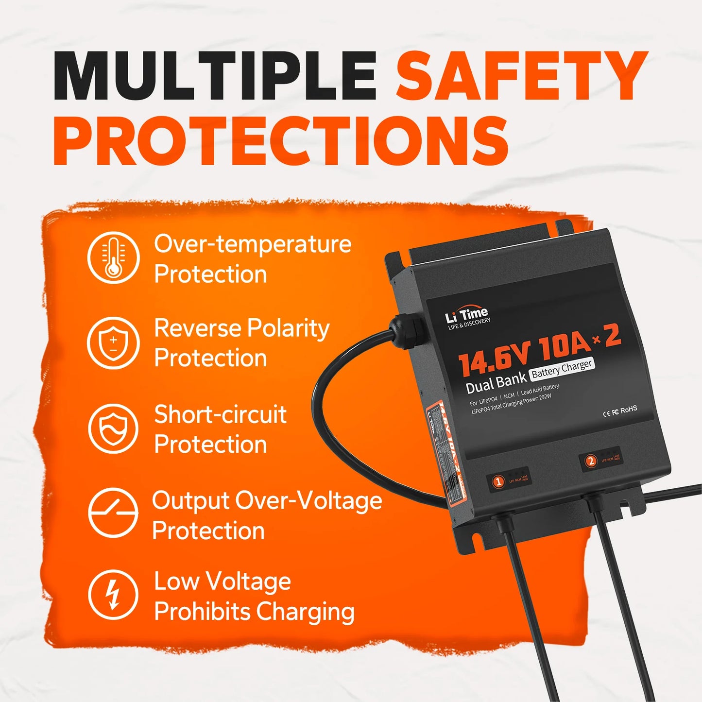 Incarcator Baterii LiTime 12V 10A Dual (2 Canale) pentru LiFePO4, AGM, GEL si Plumb-Acid