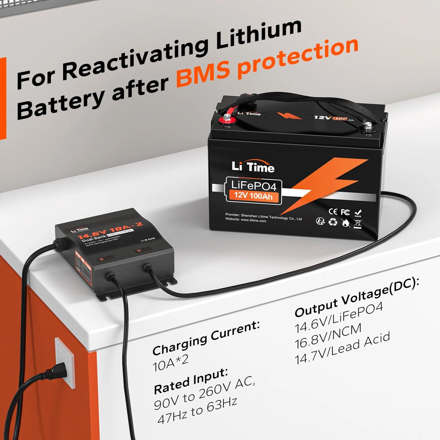 Incarcator Baterii LiTime 12V 10A Dual (2 Canale) pentru LiFePO4, AGM, GEL si Plumb-Acid