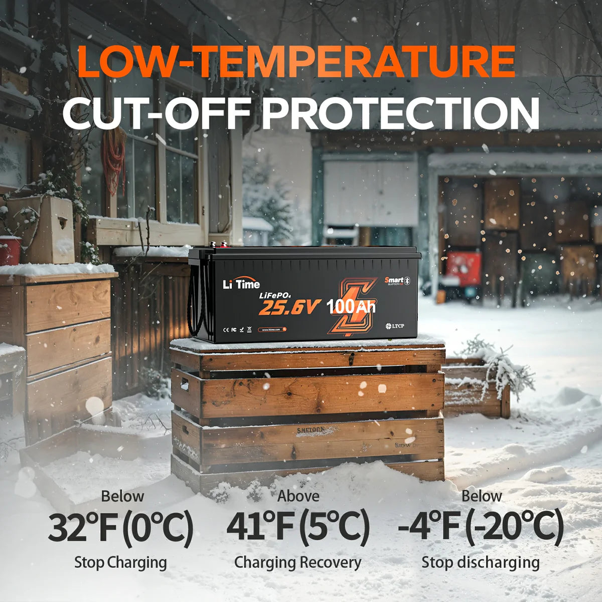 Baterie LiTime 24V 100Ah LiFePO4 cu BMS 100A si Bluetooth pentru RV si Aplicatii Marine, Protectie Temperatura Scazuta