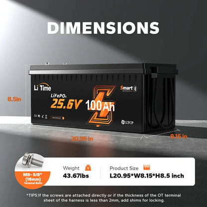Baterie LiTime 24V 100Ah LiFePO4 cu BMS 100A si Bluetooth pentru RV si Aplicatii Marine, Protectie Temperatura Scazuta