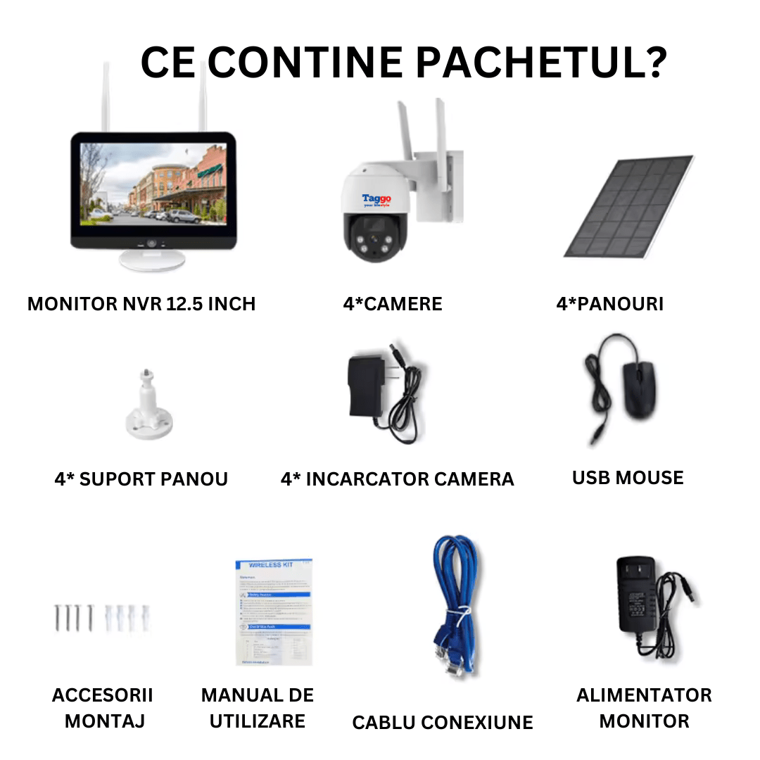 Monitor LCD cu ecran de 12,5 inch pentru sistem supraveghere wireless cu 4 camere exterior, infraroșu și incarcare solară.