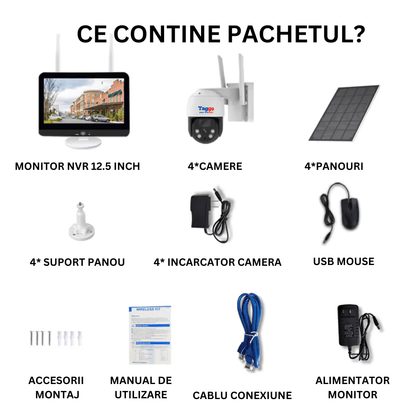 Monitor LCD cu ecran de 12,5 inch pentru sistem supraveghere wireless cu 4 camere exterior, infraroșu și incarcare solară.