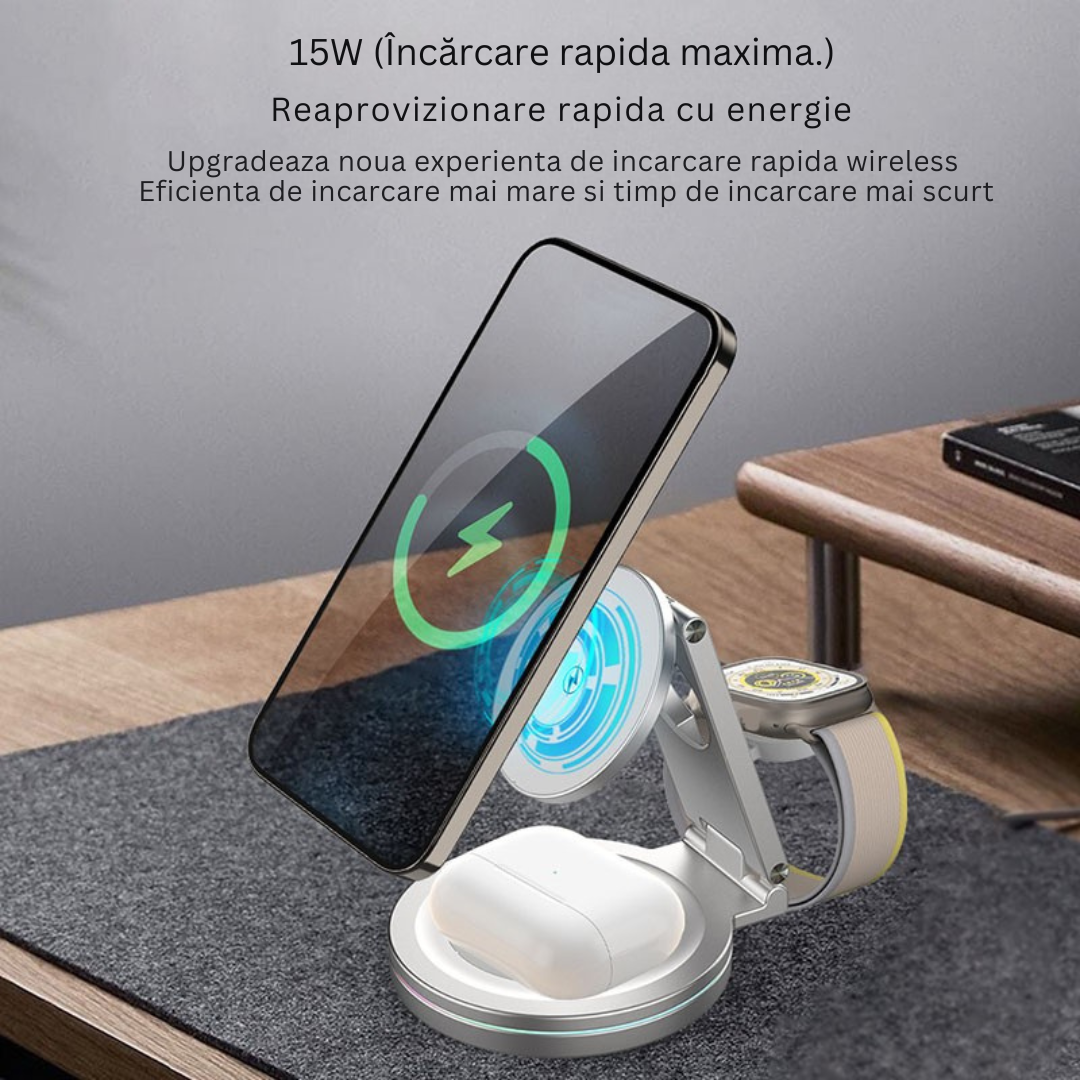 15W 3-in-1 Statie Incarcare Wireless Magnetica Pliabila – Telefon, Ceas, Casti, Fast Charging PD/QC3.0