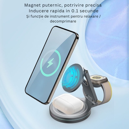 15W 3-in-1 Statie Incarcare Wireless Magnetica Pliabila – Telefon, Ceas, Casti, Fast Charging PD/QC3.0