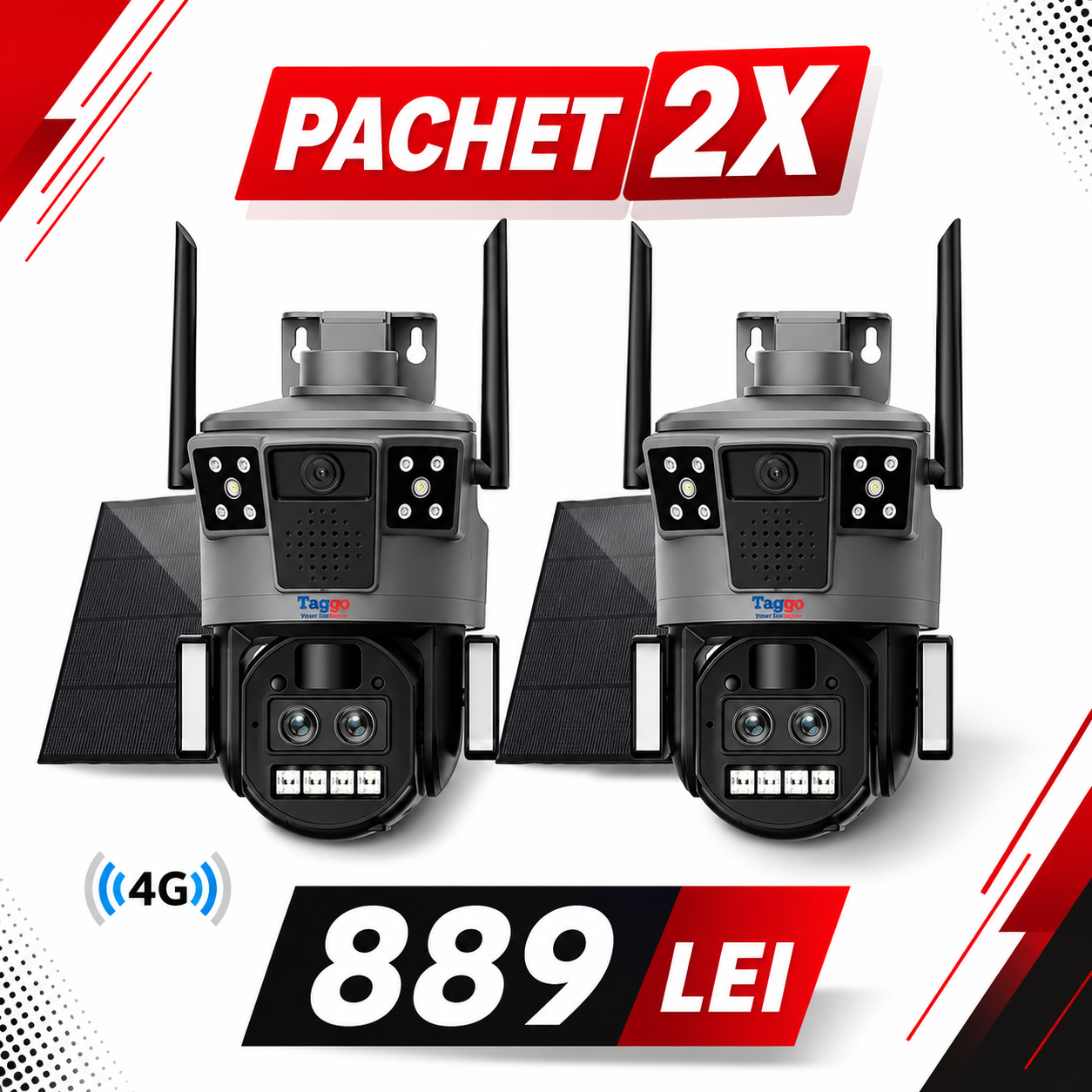 Set 2x Camere Supraveghere 1+1 Gratis, Panou Solar 14W, ZOOM 10X, Conexiune 4G