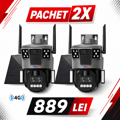 Set 2x Camere Supraveghere 1+1 Gratis, Panou Solar 14W, ZOOM 10X, Conexiune 4G