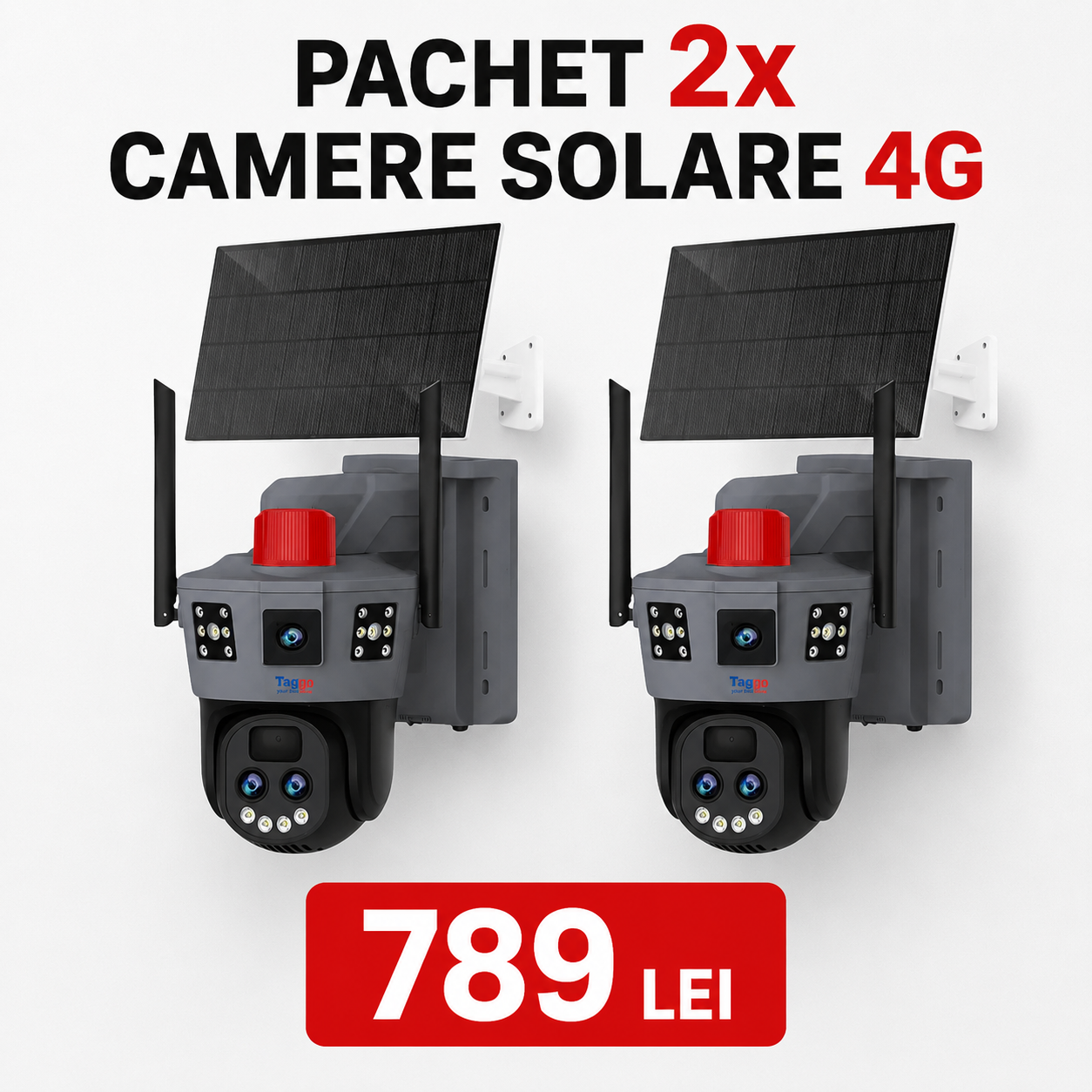 Pachet 1+1 Camera de Supraveghere Solara 4G 12MP cu Trei Lentile, Zoom 10X, Rezistenta La Apa IP 66