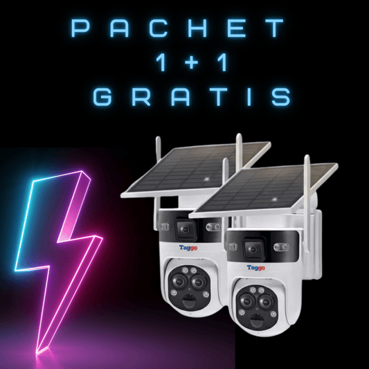 Pachet 1+1 camera de supraveghere Fast Bundle Taggo, 6MP, zoom 15x, incarcare solară, exterior, night vision, 3 lentile