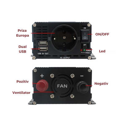 Invertor 12v 220v 2600w Unda modificata cu Display, 1 Iesire AC Protectie Scurtcircuit 2 USB, Adaptor Auto Inclus