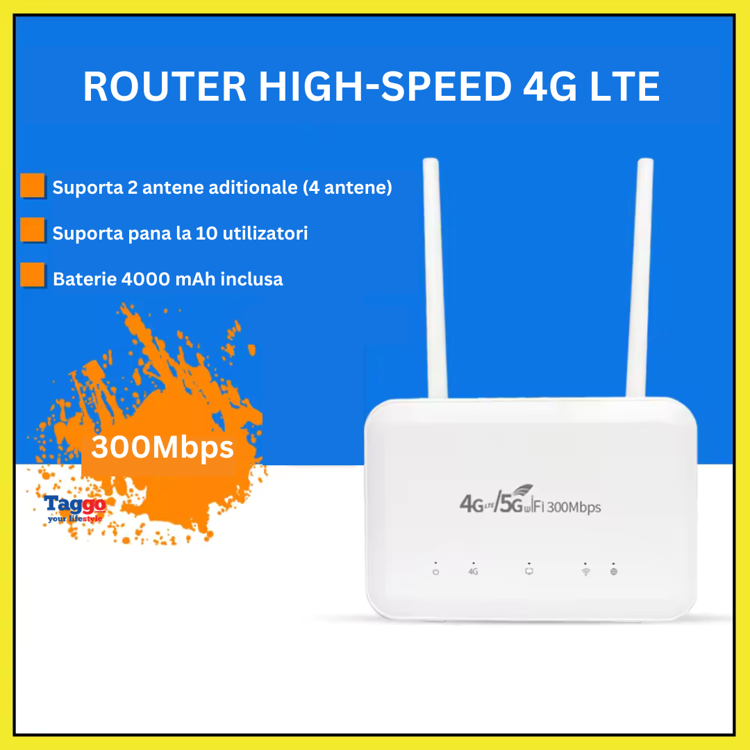 Router Wireless 300Mbps, Slot Cartela SIM 4G 5G, 4 antene externe, acumulator inclus 4000mAh