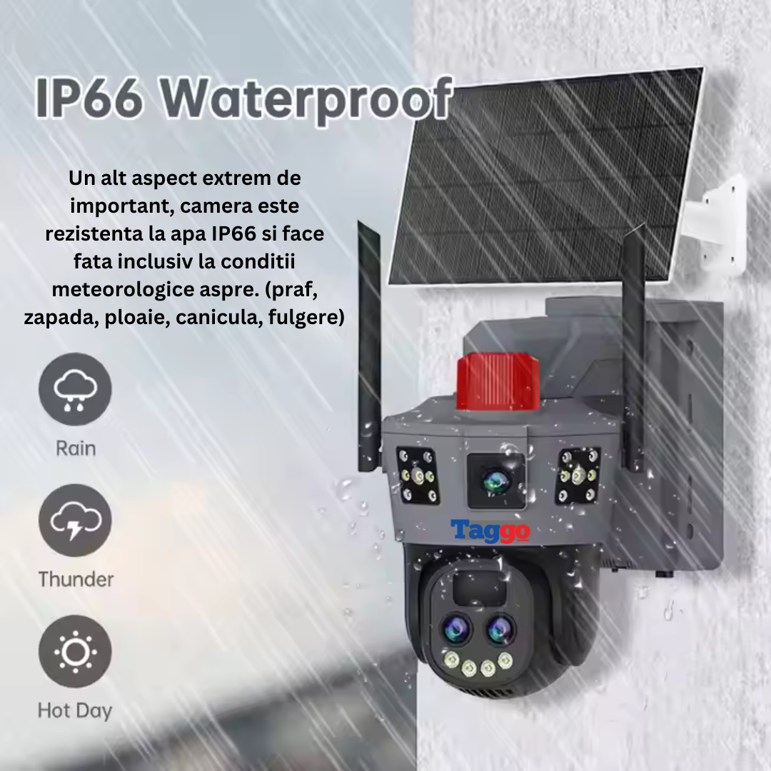 Camera de Supraveghere Solara 4G 12MP cu Trei Lentile, Zoom 10X, Rezistenta La Apa IP 66