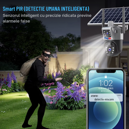 Camera Supraveghere WIFI 4K Ultra HD, Dual Camera 8MP, Incarcare Solara, Rotire Din Aplicatie, Rezistenta La Apa IP 66, Card de 64 GB
