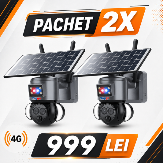 Pachet 2x Camere Supraveghere 4G 4K HD, Dual Lens, 12X ZOOM, Incarcare Solara, Rotire Din Aplicatie