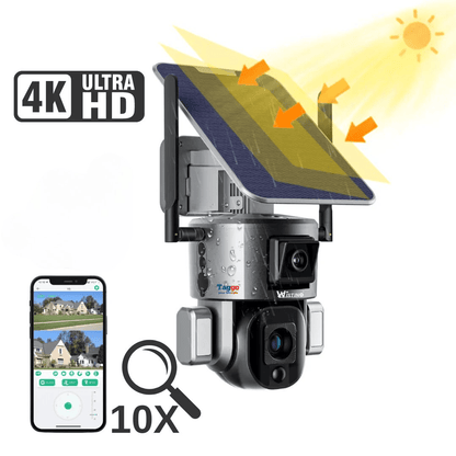 Camera supraveghere exterior wireless WISTINO 4K Ultra HD, duală 4MP+4MP, zoom optic 10x, alimentare solară, rezistentă IP66.